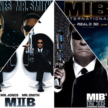 A collage featuring characters from the 'Men in Black' movies, including agents in suits and sunglasses holding futuristic weapons, showcasing various film titles like 'MIB3' and 'MIB International.' The design highlights the secrecy and sci-fi elements of the franchise.