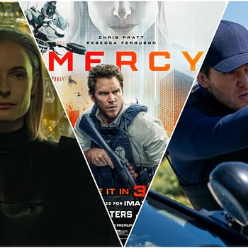 A promotional collage for the film "Mercy," featuring three scenes: a close-up of a woman with long hair, a man holding a weapon with a serious expression, and another man in a police uniform aiming a weapon. The film title "Mercy" is prominently displayed in bold orange letters.