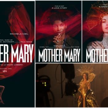 A promotional collage for the film 'Mother Mary,' featuring dramatic portraits of characters portrayed by Anne Hathaway, Michaela Coel, and FKA Twigs. Each section includes the title 'Mother Mary' in bold white text, with artistic visuals representing themes of love and mystique.