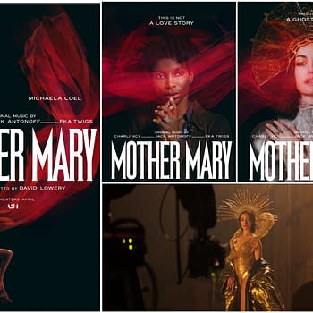 A promotional collage for the film 'Mother Mary,' featuring dramatic portraits of characters portrayed by Anne Hathaway, Michaela Coel, and FKA Twigs. Each section includes the title 'Mother Mary' in bold white text, with artistic visuals representing themes of love and mystique.