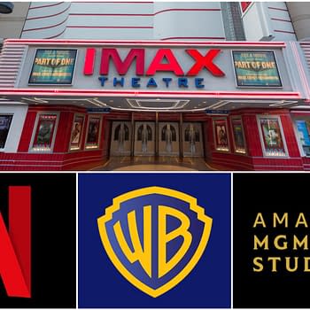 The image features the entrance of an IMAX theater with a bright marquee, alongside logos for Netflix, Warner Bros, and Amazon MGM Studios. The IMAX theater is prominently displayed at the top, highlighting a cinematic experience.