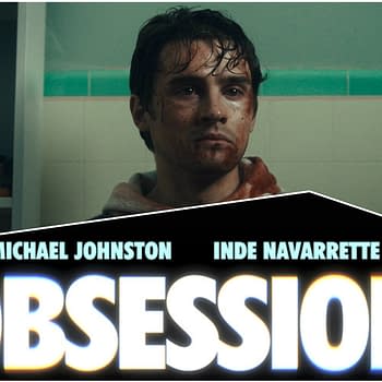 A dramatic scene featuring a young man with a pained expression and blood on his face, set against a stark bathroom background. The title 'OBSESSION' is prominently displayed at the bottom, along with the names Michael Johnston and Inde Navarrette.