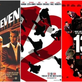 A collage featuring movie posters from 'Ocean's Eleven,' 'Ocean's Twelve,' and 'Ocean's Thirteen,' showcasing the main characters and stylistic elements of each film. The posters highlight themes of heists and camaraderie with distinctive color schemes and typography.