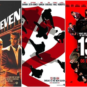 A collage featuring movie posters from 'Ocean's Eleven,' 'Ocean's Twelve,' and 'Ocean's Thirteen,' showcasing the main characters and stylistic elements of each film. The posters highlight themes of heists and camaraderie with distinctive color schemes and typography.