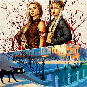A split image featuring two women with weapons and blood splatter above, representing a horror theme, and a colorful animated scene of a canal with a cartoon black cat below, highlighting a lighthearted mood.