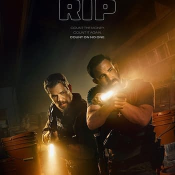 A movie poster for 'The Rip' featuring two men, played by Matt Damon and Ben Affleck, holding firearms and engaged in action, illuminated by flashlight beams. The poster includes the tagline 'COUNT ON NO ONE' and mentions its release on Netflix.