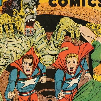 A colorful comic book cover featuring a mummy screaming in the foreground, while two superhero characters in capes and a woman in a green dress react in surprise. The title 'SILVER STREAK COMICS' is prominently displayed at the top.