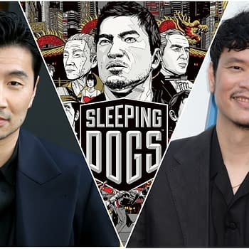 A collage featuring two actors flanking a graphic illustration related to 'Sleeping Dogs,' showcasing a stylized character in a cityscape background, highlighting the film's theme.