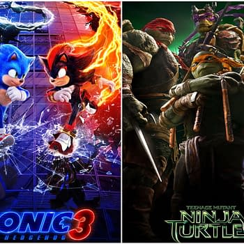 This illustration features characters from the upcoming 'Sonic 3' and 'Teenage Mutant Ninja Turtles' films, showcasing Sonic and Shadow on one side, and the four turtles on the other, emphasizing their iconic styles and energy.