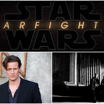 A promotional collage for the 'Star Wars: Starfighter' featuring a large stylized title at the top, a portrait of actor Matt Smith, and a black-and-white scene depicting two figures sitting near a starfighter. The image emphasizes the sci-fi theme and character dynamics.