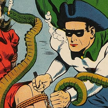 A colorful comic book illustration features a woman in a red dress tied up, while a masked man in a tri-corner hat, appearing determined, works to rescue her. A snake-like creature wraps around them, adding tension to the scene.
