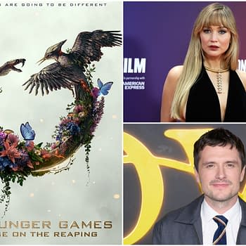 A stylized poster for 'The Hunger Games: Sunrise on the Reaping' featuring a circular design composed of flowers, a snake, and a bird, symbolizing themes of nature and conflict. The title is prominently displayed at the bottom.