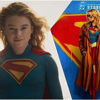 A digital illustration featuring Supergirl, portrayed with curly hair and a confident expression, in her iconic blue and red superhero suit on the left, alongside a stylized version of Supergirl in a brown coat and red boots against a vibrant background with the Superman logo.