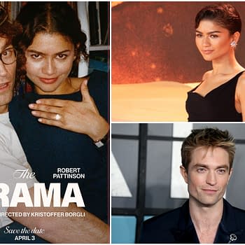 A promotional collage for 'The Drama' featuring Zendaya and Robert Pattinson. The image showcases a playful moment between the two actors, along with individual portraits, emphasizing their roles in the film directed by Kristoffer Borgli.