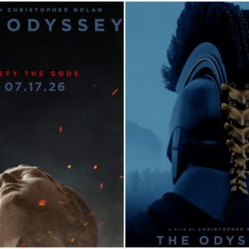 A promotional poster for the film 'The Odyssey' directed by Christopher Nolan, featuring a stylized rendering of a heroic figure in a dark setting, accompanied by the text 'Defy the Gods' and the release date '07.17.26.'
