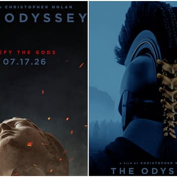 A promotional poster for the film 'The Odyssey' directed by Christopher Nolan, featuring a stylized rendering of a heroic figure in a dark setting, accompanied by the text 'Defy the Gods' and the release date '07.17.26.'