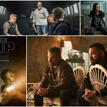 A collage featuring scenes from 'The Rip,' including characters in police attire, and tense moments of conversation. The title 'THE RIP' is prominently displayed with the tagline 'COUNT THE MONEY. COUNT IT AGAIN. COUNT ON NO ONE.'