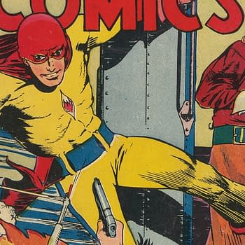 A colorful comic book cover featuring a superhero, The Flame, in a yellow costume with a red mask, dodging bullets while aiming a gun. A woman looks on in surprise.