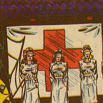 Illustration from the cover of Zip Comics #33, featuring four female nurses dressed in white uniforms standing in front of a large red cross symbol.
