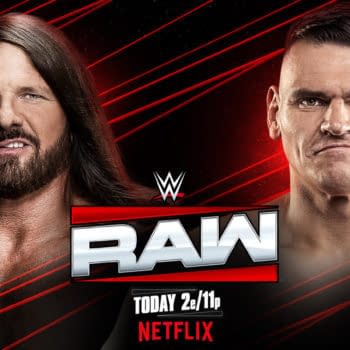 A promotional graphic for WWE Raw featuring two wrestlers, one with long hair and a beard, and the other with a short haircut and a confident expression. The WWE Raw logo is prominently displayed, along with the details of the show and the Netflix branding.