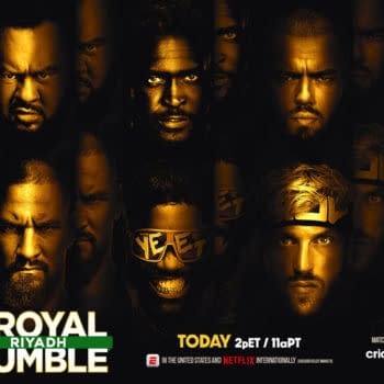 A promotional poster for the WWE Royal Rumble featuring a collage of wrestlers' faces in gold and black. The title 'WWE ROYAL RUMBLE' is prominently displayed at the bottom, along with broadcast times and sponsoring logos.