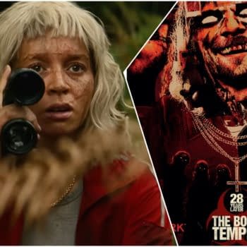 A woman with blonde, tousled hair holds binoculars, her expression serious, surrounded by lush greenery. The image is split with a sinister promotional poster for 'The Bone Temple,' featuring a grinning man adorned with chains and a dark, ominous background.
