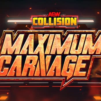 The AEW Collision logo featuring the words 'Maximum Carnage' in bold, fiery text, with a dynamic background that includes sparks and light effects.