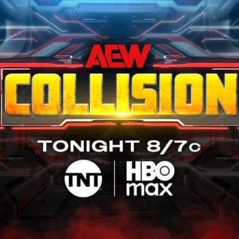 A promotional graphic for AEW Collision, featuring bold yellow text that reads 'COLLISION' on a dark, futuristic background with red and blue accents. The graphic indicates the show time is tonight at 8/7c and includes logos for TNT and HBO Max.