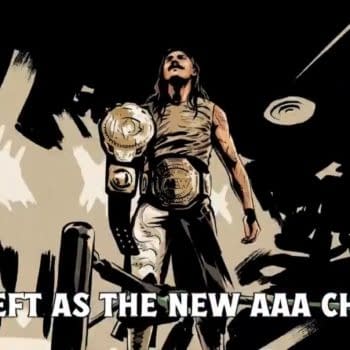 An illustrated image of a wrestler, Dominik Mysterio, standing proudly in a wrestling ring, holding two championship belts, symbolizing his victory. The dramatic background and pose highlight his achievement as a champion. However, he is wearing the AEW Championship belt rather than the AAA Mega Championship he actually won.