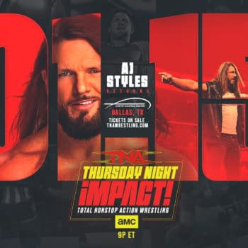 A promotional graphic for a wrestling event featuring AJ Styles. The design includes bold red elements and background images of wrestling matches, announcing his return to TNA on AMC.