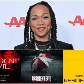 A promotional collage related to Resident Evil featuring an actress with braided hair, alongside iconic visuals from the franchise, including logos and imagery from games and the Netflix series.