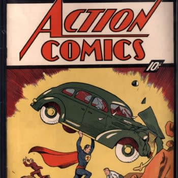 The cover of Action Comics #1 featuring Superman lifting a green car above his head, surrounded by startled individuals and debris. The comic book cover is graded CGC 9.0.