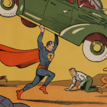 Action Comics #1 (DC Comics, 1938), A comic book cover featuring Superman lifting a green car above his head, with a dramatic background. Two men nearby express fear and surprise at the scene.