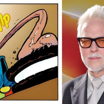 Left: Martian Manhunter eats a Choco. Right: James Gunn