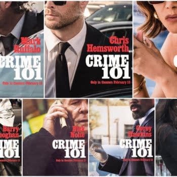 A collage of character posters for the film "Crime 101," featuring headshots of actors Mark Ruffalo, Chris Hemsworth, Halle Berry, Barry Keoghan, Nick Nolte, Corey Hawkins, and Monica Barbaro, each prominently displaying their names and the movie title with a release date of February 13.