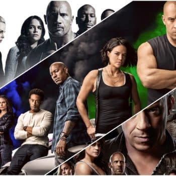 A promotional collage for 'Fast & Furious' featuring key characters from the franchise, including Vin Diesel, Dwayne Johnson, and Michelle Rodriguez, with vibrant colored smoke backgrounds. This image symbolizes the action and camaraderie present in the series.