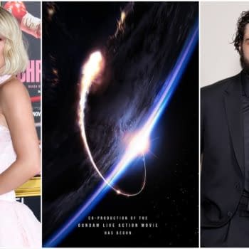 A collage featuring promotional elements for the Gundam live-action movie including a cinematic space scene with a glowing arc, and two actors posing at events. The bottom text indicates the co-production status of the film.