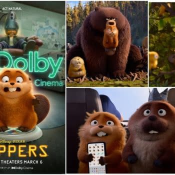 A vibrant promotional illustration for 'Hoppers,' featuring animated creatures including a cheerful beaver-like character in the foreground, with a glowing 'Dolby Cinema' logo above. Various scenes from the upcoming Disney Pixar film are depicted, showcasing humor and adventure.