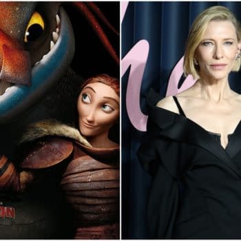 A promotional illustration for 'How to Train Your Dragon 2' featuring a dragon and a character looking at each other, alongside a photo of Cate Blanchett in a stylish black dress, highlighting her role as Valka.