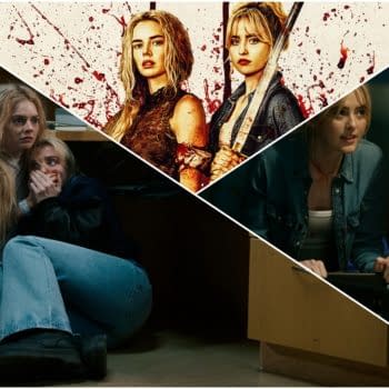 A promotional illustration for 'Ready Or Not 2,' featuring two women with serious expressions, surrounded by blood splatters, alongside scenes of other characters hiding in fear, reflecting the horror theme of the film.