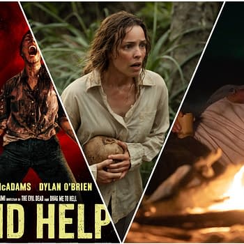 A promotional illustration for the film 'Send Help,' featuring scenes of tense characters: a distressed woman in a dirty shirt holding a coconut, a man sitting near a fire, and a dramatic figure with a knife against a dark, red background. The title and cast, including Rachel McAdams and Dylan O'Brien, are prominently displayed.