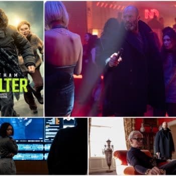 A collage from the film 'Shelter,' featuring a dramatic scene with a man carrying a gun alongside a woman in a rugged outdoor setting, a nightclub scene with vibrant lighting and people dancing, a character analyzing data in front of screens, and a tense moment in a luxurious room with two men, one seated and the other standing.