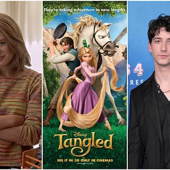 A collage featuring a woman with shoulder-length hair and a striped sweater on the left, the animated movie poster for Disney's "Tangled" in the center showcasing Rapunzel and Flynn Rider, and a young man with dark, curly hair in a black suit on the right. The poster indicates a new cinematic adventure.