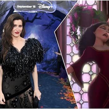 A split image featuring Kathryn Hahn in a glamorous black outfit with a fringed top at a Disney+ event, alongside an animated character resembling her in a deep red dress, striking a dramatic pose against a colorful background.