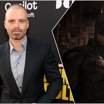 A split image featuring Sebastian Stan in a stylish black suit on the left, and a brooding shot of a character in a dark Batman suit on the right. The background includes promotional elements related to 'The Batman Part II.'