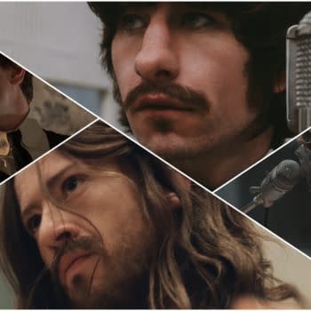 A collage featuring four male actors portraying members of The Beatles in various scenes. The images showcase expressions of passion and creativity, with one actor singing into a microphone while others display strong emotional expressions.