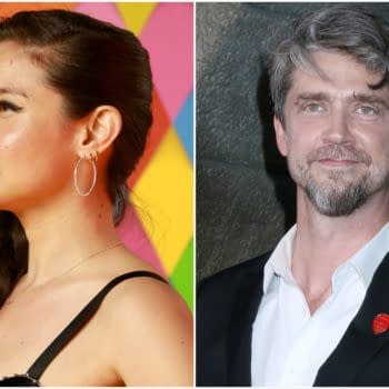 A split image featuring two individuals; on the left, a woman with long hair and hoop earrings, set against a colorful background, and on the right, a man in a black suit with a white shirt, smiling against a dark backdrop. The image relates to 'The Brave and the Bold' and filmmaker Christina Hodson.