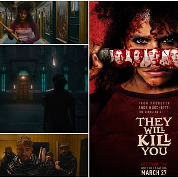 A promotional poster for the film "They Will Kill You," featuring a bloodied woman holding a knife with images of other characters displayed on the blade. The poster has a dark and ominous tone, suggesting a horror movie atmosphere.