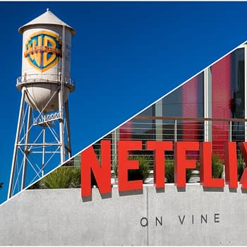 A split image featuring the Warner Bros. Studios water tower with its iconic logo on one side, and the bold red Netflix sign on the other, suggesting the connection between the two entertainment companies.