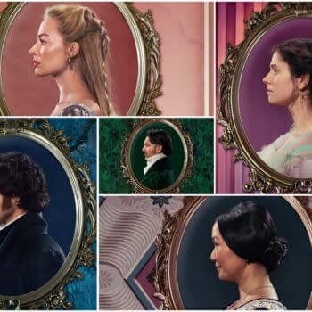 A collage of character posters for 'Wuthering Heights,' featuring profile portraits of key characters framed in ornate designs. The portraits showcase diverse characters with varying hairstyles and attire, all set against colorful backgrounds.